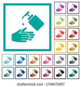 Lavado de manos con jabón líquido iconos de color plano con marcos cuadrantes sobre fondo blanco