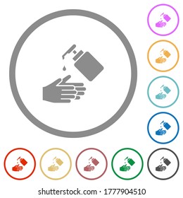 Lavado de manos con jabón líquido iconos de color plano en contornos redondos sobre fondo blanco