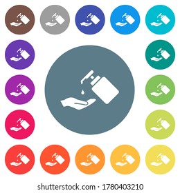 Hand washing with liquid soap flat white icons on round color backgrounds. 17 background color variations are included.
