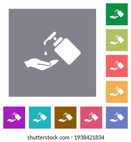 Hand washing with liquid soap flat icons on simple color square backgrounds