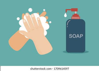 Hand washing, Liquid soap with pumping from bottle, Vector illustration.