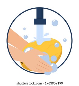 Hand washing melon vector isolated. Wash fruits and vegetables before eating concept. Healthy lifestyle tips. Clean fruit in water and soap.