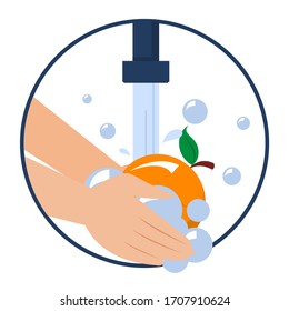 Hand washing orange vector isolated. Wash fruits and vegetables before eating concept. Healthy lifestyle tips. Clean orange in water and soap.