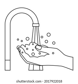 Hand washing. The outline of two hands with soap foam and bubbles under the tap water. Disinfection and hygiene. Vector illustration isolated on a white background for design and web.