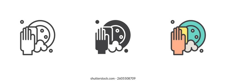Hand washing plate with sponge different style icon set. Line, glyph and filled outline colorful version, outline and filled vector sign. Symbol, logo illustration. Vector graphics
