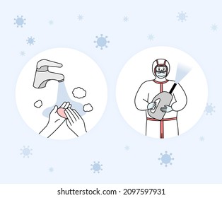 Hand washing and quarantine to prevent infection illustration set. COVID-19, disinfection, alcohol, soap, washbasin. Vector drawing. Hand drawn style.