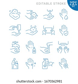 Hand washing related icons. Editable stroke. Thin vector icon set