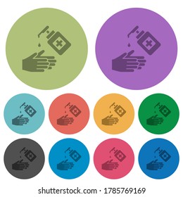 Hand washing with hand sanitizer darker flat icons on color round background