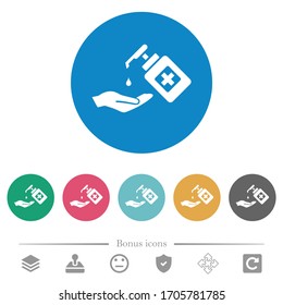 Hand washing with hand sanitizer flat white icons on round color backgrounds. 6 bonus icons included.