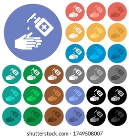 Hand washing with hand sanitizer multi colored flat icons on round backgrounds. Included white, light and dark icon variations for hover and active status effects, and bonus shades.