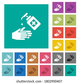 Hand washing with hand sanitizer multi colored flat icons on plain square backgrounds. Included white and darker icon variations for hover or active effects.