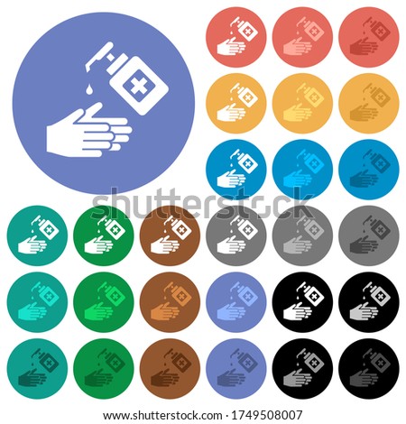 Hand washing with hand sanitizer multi colored flat icons on round backgrounds. Included white, light and dark icon variations for hover and active status effects, and bonus shades.
