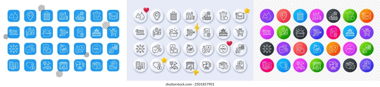 Handwäsche, Scrollen Sie nach unten und Telefon-Puzzle-Linien-Symbole. Rechteck, Farbverlauf, 3D-Tasten anheften. KI, QA und Kartensymbole. Pack Cross verkaufen, Kreditkarte, Verkauf Symbol. Vektorgrafik
