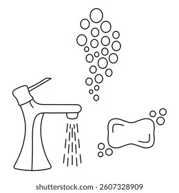 Hand washing set. Sketch. Water is turned on and flows from the open tap, a rectangular bar of soap. Soap bubbles. Balls of different sizes with air rise up. Vector illustration. Doodle style.