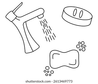 Hand washing set. Sketch. Water is turned on and flows from the open tap, rectangular bar of soap. Soap foam from round bubbles, oval soap dish with holes for draining excess liquid. Vector.
