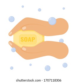 Hand washing with soap. Hands, soap, bubbles. Prevention of coronavirus. Isolated on a white background. Vector illustration.