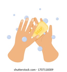 Hand washing with soap. Hands, soap, bubbles. Prevention of coronavirus. Isolated on a white background. Vector illustration.