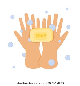 Hand washing with soap. Hands, soap, bubbles. Prevention of coronavirus. Isolated on a white background. Vector illustration.