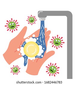 Hand washing with soap. Hands under the tap with water. Soapy foam. Prevention of the bacteria virus coronavirus. Vector isolated illustration