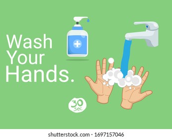 Hand washing with soap. Lettering Wash Your Hands.Healthcare wash hands with soap, antibacterial vector illustration