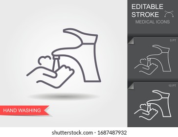 Hand washing with soap. Linear symbols with editable stroke with shadow. Vector icon