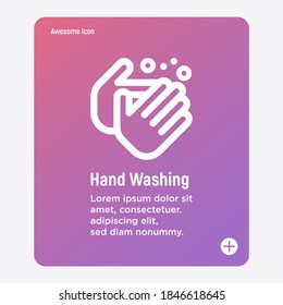 Hand washing with soap thin line icon. Vector illustration of disinfection and hygiene for health.