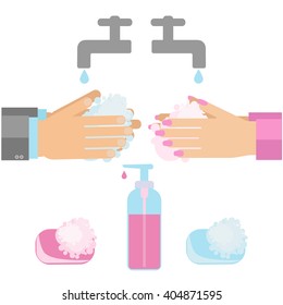 Hand washing with soap. Vector illustration of sanitary habit handwashing