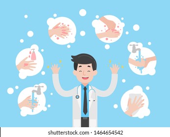 Hand Washing Step By Step Info Graphic Doctor Character Medical Health Care Concept Wash, Rinse Dry Hands Icons On Light Blue Background.