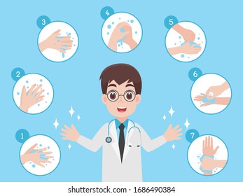 Hand washing step by step info graphic Doctor Character Medical Health care concept wash, rinse dry hands icons on light blue background.