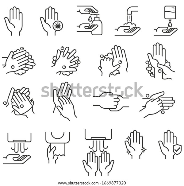 Hand washing\
steps icons vector\
illustrations.