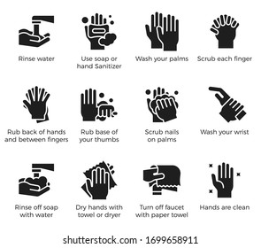 Hand Washing Steps Infographic, Hand Washing Vector Icon Set With Detail