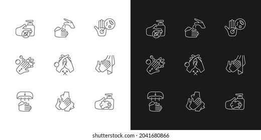 Hand washing steps linear icons set for dark and light mode. Removing germs from hands. Apply soap, disinfectant. Customizable thin line symbols. Isolated vector outline illustrations. Editable stroke