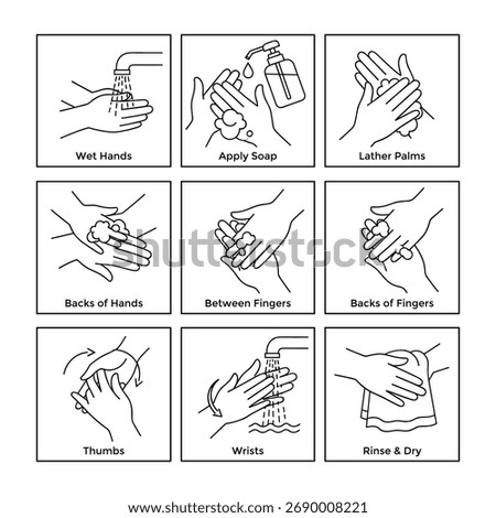 Hand washing steps outline artwork design illustrating proper hygiene techniques in a minimal and clear style — perfect for health education, safety posters, medical visuals, and cleanliness icons.