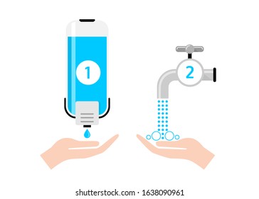 Hand washing steps. Use liquid soap and wash hands thoroughly. How to clean your hands properly. Stay away from germs. Protection from coronavirus. Covid-19 outbreak.