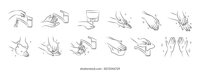 Escaleras de lavado de manos con frotación de jabón enjuague línea de secado conjunto aislado en ilustración vectorial de fondo blanco