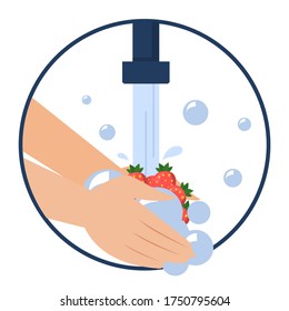 Hand washing strawberries vector isolated. Wash fruits and vegetables before eating concept. Healthy lifestyle tips. Clean berry in water and soap.