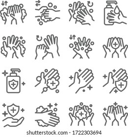 Hand washing symbol icon set vector illustration. Contains such icon as Cleaning, Wash method, Safety, Wellness, Healthy, Scrub, Sanitize and more. Expanded Stroke