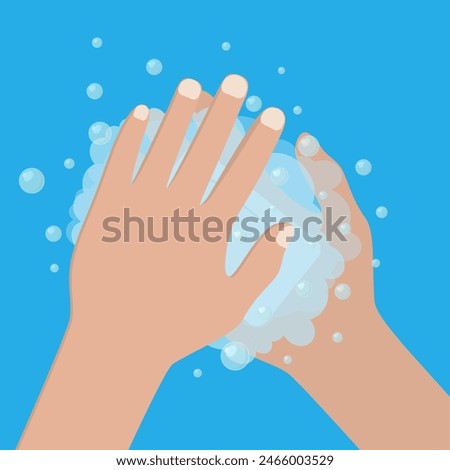 Hand washing under clean water foam health care. Vector illustration in flat style