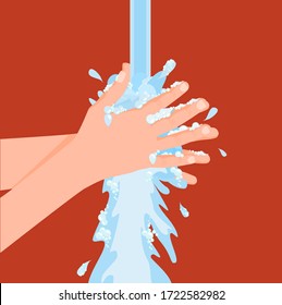Hand washing under running water. Thorough washing soap hands on warning red background from bacteria, viruses, germs vector personal hygiene, clipart cleanliness and health.