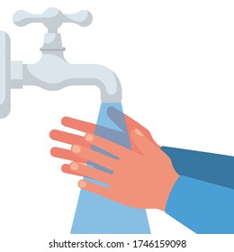 Hand washing under the tap with water. Vector illustration flat design isolated on background. Personal hygiene. Disinfection, antibacterial washing. Water tap, jet stream and hands.