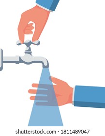 Hand washing under the tap with water. Vector illustration flat design isolated on background. Personal hygiene. Disinfection, antibacterial washing. Water tap, jet stream and hands.