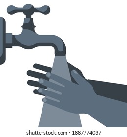 Hand washing under the tap with water. Vector illustration flat design isolated on background. Personal hygiene. Disinfection, antibacterial washing. Water tap, jet stream and hands.
