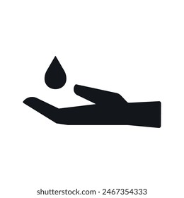 Hand Washing Vector Flat Sign with Water Drop for Public Restroom. Black Solid Hygiene Symbol on White Background.  