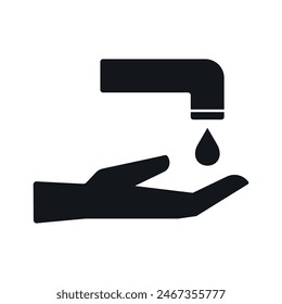 Hand Washing Vector Flat Sign with Water Tap and Drop for Public Restroom. Black Solid Hygiene Desinfect Symbol on White Background.  