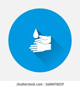 Icono vectorial de lavado de manos. Símbolo de higiene en fondo azul. Imagen plana con gran sombra.