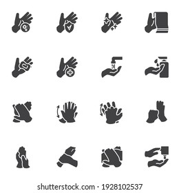 Hand washing vector icons set, hand hygiene modern solid symbol collection, filled style pictogram pack. Signs, logo illustration. Set includes icons as cleaning palms and fingers, sanitizer gel 