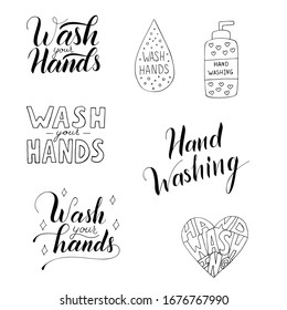 Hand washing vector illustration set isolated on white background. Poster about hygiene. Restroom or bathroom print, toilet quote. Safety measure against viruses and bacteria. Hand drawn doodle
