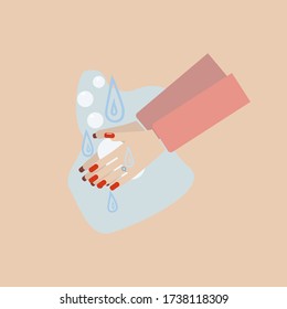 Hand washing. Vector illustration of women's hands washing. Women's hands with red manicure with a diamond ring. A woman washes her hands under water with soap