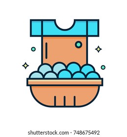 Hand washing vector line color illustration including t-shirt, plastic bowl with bubbles. Tee shirt in basin flat icon. Laundry concept image in trendy minimal style. 