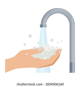 Hand washing. Washes his hands with soap suds under running water from the tap. Decontamination with molar foam. Vector illustration isolated on a white background for design and web.
